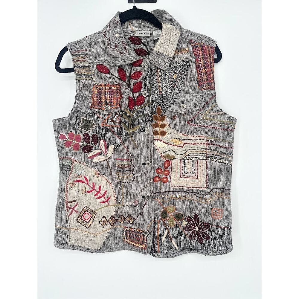 Chicos Vest Patchwork Embroidered Sashiko Eccentric Medium Boho Friends 90s Art